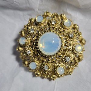 Vintage White Acrylic Cabochons and Rhinestone circular shaped Brooch